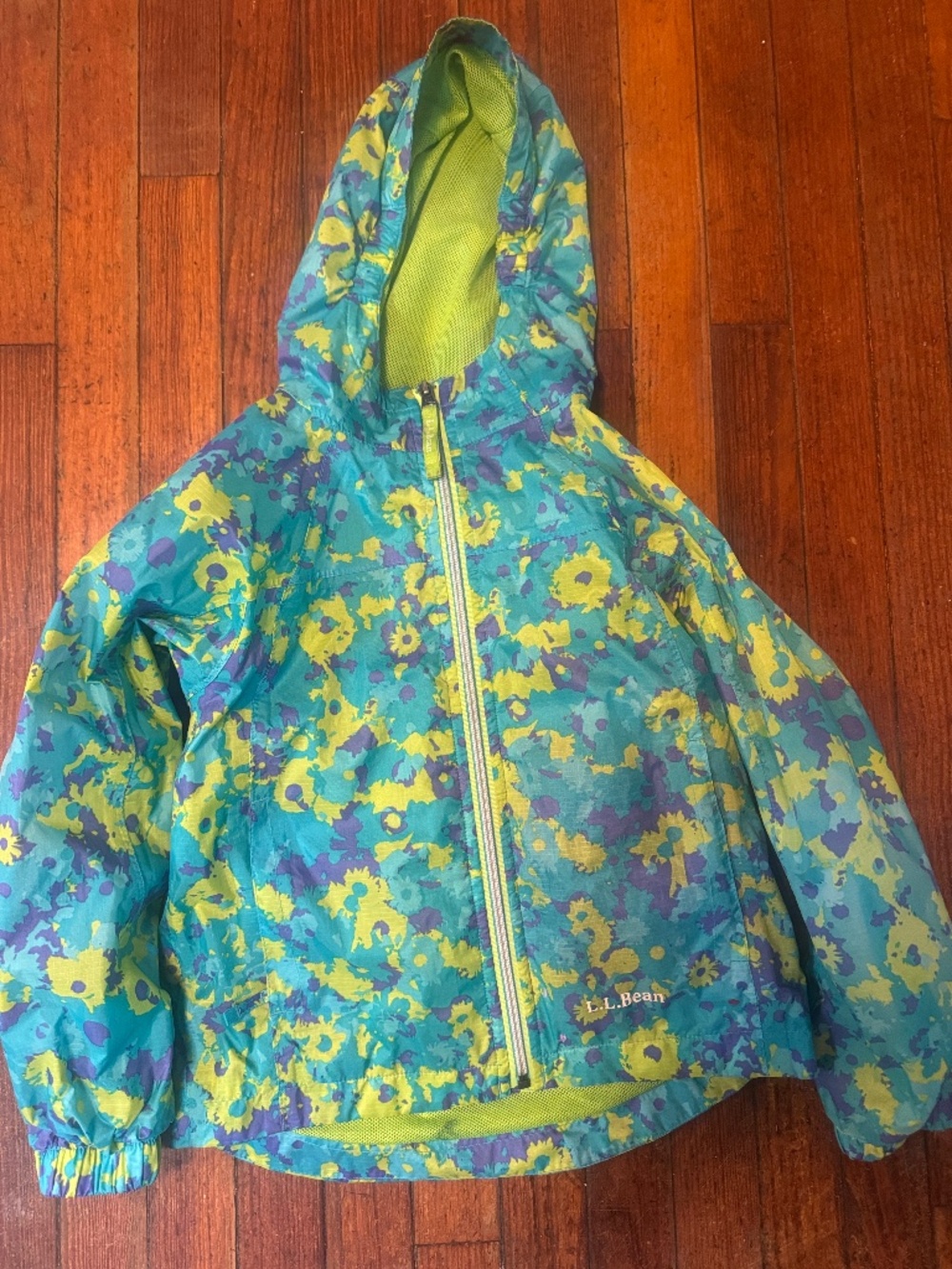 L.L. Bean Girls' printed Hooded Raincoat - Teal, Yellow, Purple size 6-7  rainco
